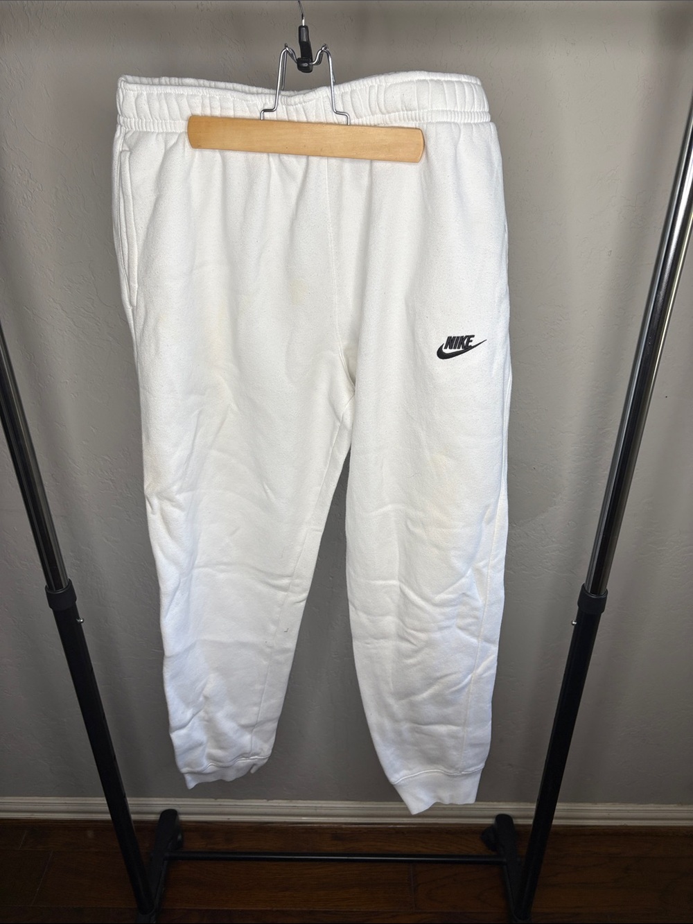 Nike White Fleece Joggers with Black Swoosh Logo